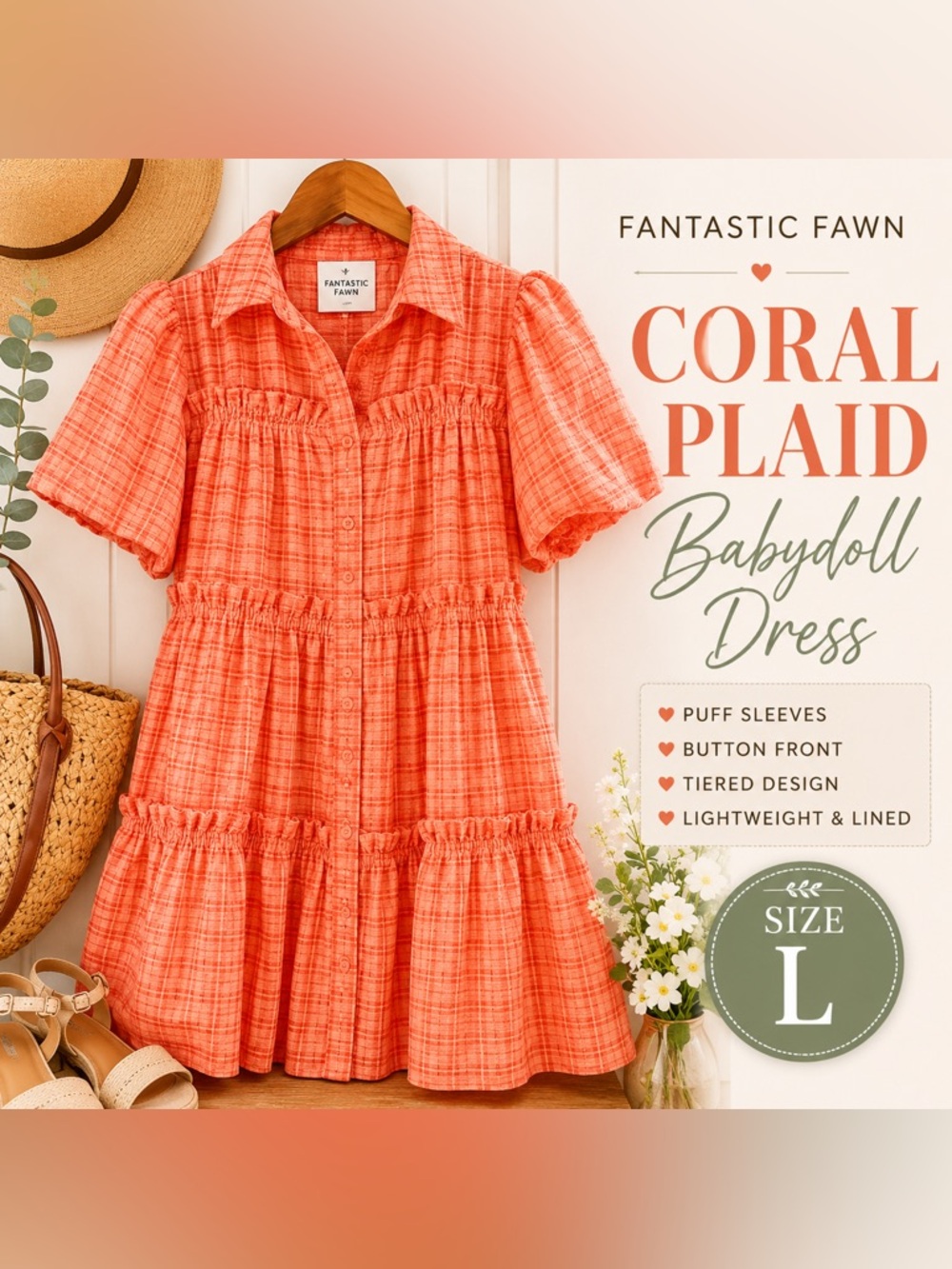 Fantastic Fawn Coral Plaid Tiered Babydoll Mini Dress Puff Sleeve Large